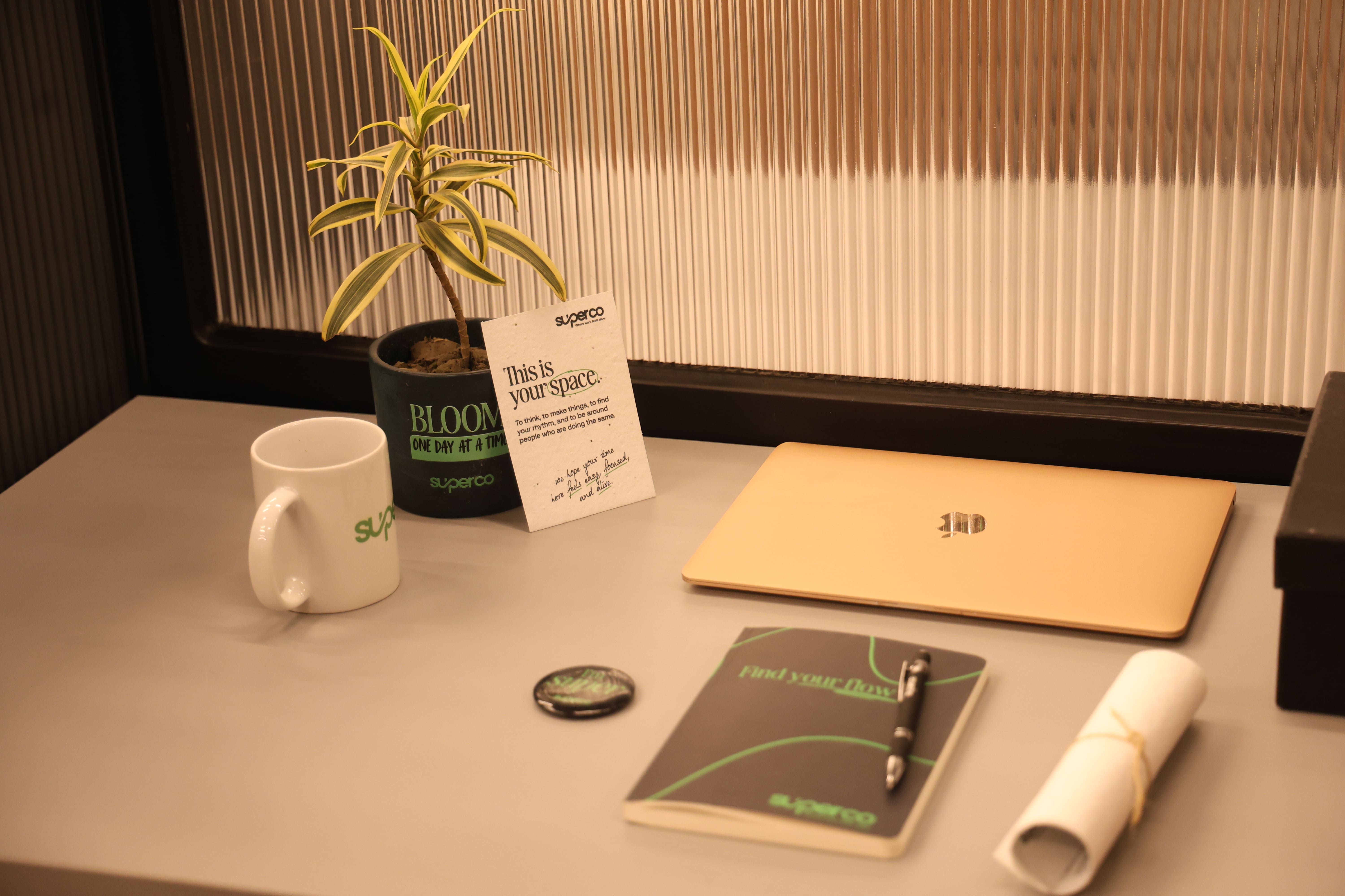 a small desk setup which shows a laptop, diary, pen, coffee cup & a flower pot with some desk essentials.